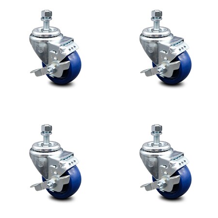 Service Caster 3 Inch Solid Polyurethane Swivel 1/2 Inch Threaded Stem Caster Set with Brake SCC SCC-TS20S314-SPUS-TLB-121315-4
